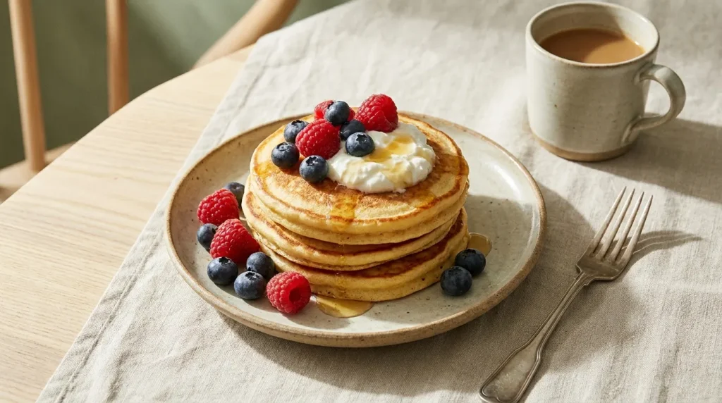Une pile de trois pancakes dorés avec des fruits rouges et une cuillère de fromage blanc, sur une table claire