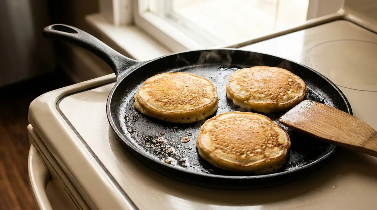 Des pancakes en train de cuire dans une poêle antiadhésive, spatule en bois à côté
