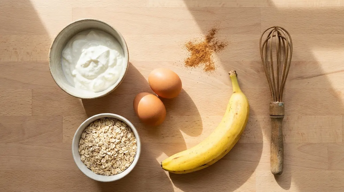Les ingrédients d'un pancake protéiné : fromage blanc, œufs, flocons d'avoine et une banane sur un plan de travail