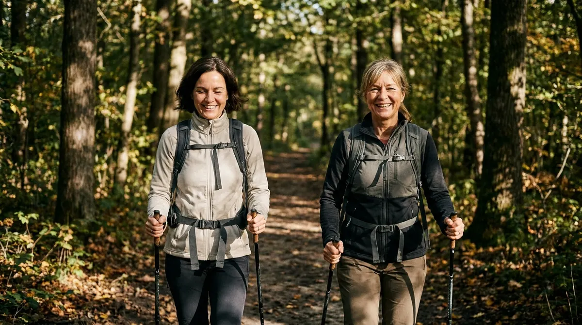 Deux amies marchent d'un pas soutenu sur un sentier forestier, bâtons de marche à la main