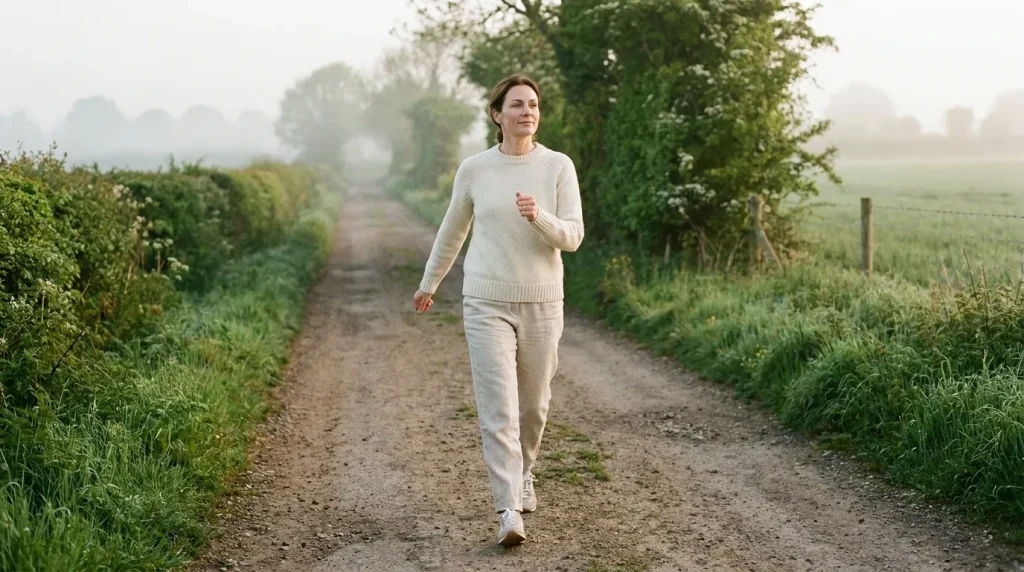 Une femme marche d'un pas décidé sur un chemin de campagne au petit matin