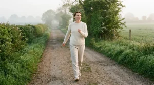 Une femme marche d'un pas décidé sur un chemin de campagne au petit matin