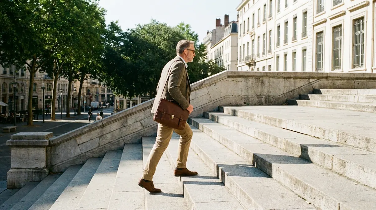 Un homme en tenue de ville monte un escalier extérieur d'un bon pas, sac sur l'épaule