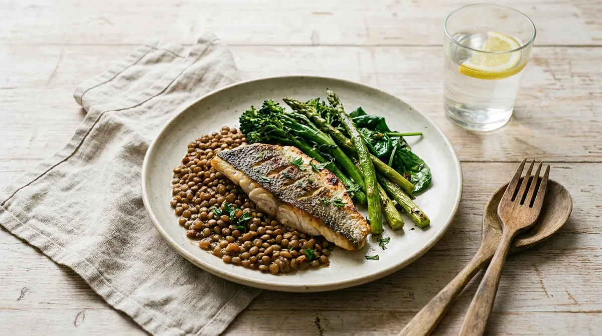 Une assiette de poisson, lentilles et légumes verts, avec un verre d'eau, sur une table en bois