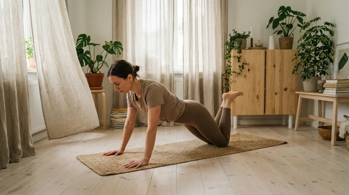 Une femme fait des pompes sur les genoux sur un tapis de sport dans une chambre claire