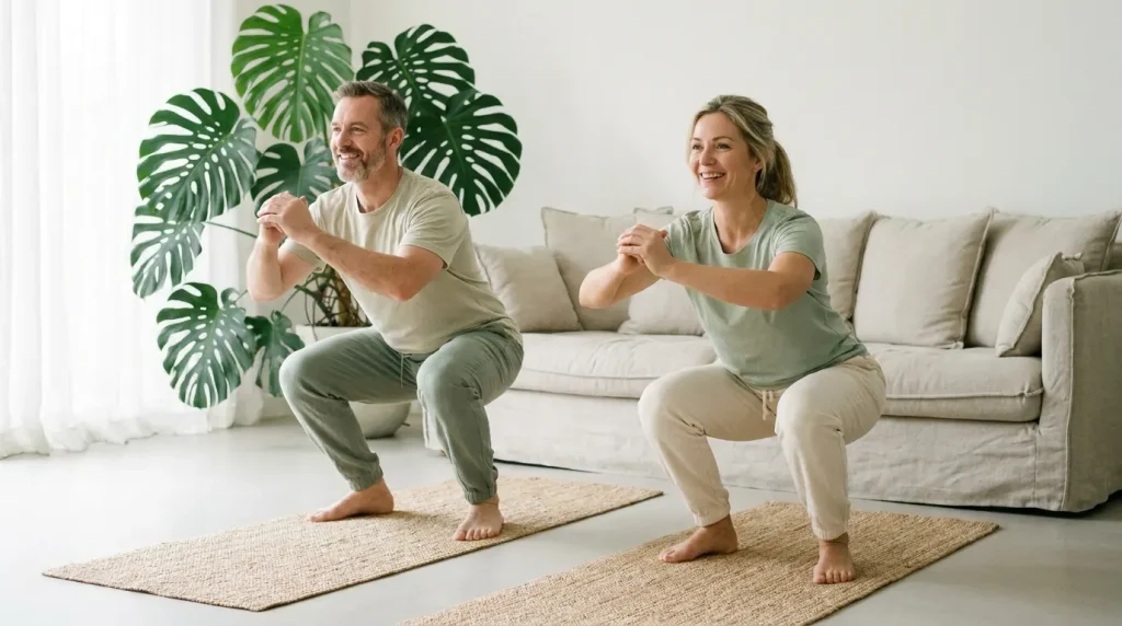 Un couple d'une quarantaine d'années fait des squats côte à côte dans un salon lumineux