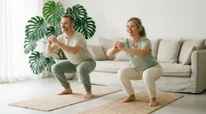 Un couple d'une quarantaine d'années fait des squats côte à côte dans un salon lumineux