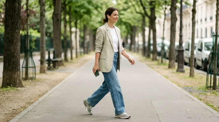 Une femme marche d'un bon pas dans une rue arborée, téléphone à la main et écouteurs